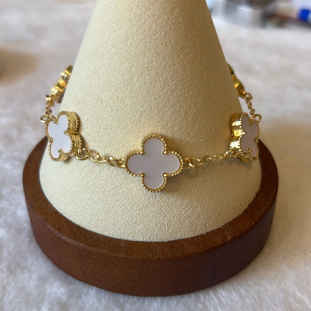 Gold over Stainless Steel White Enamel Clover Bracelet